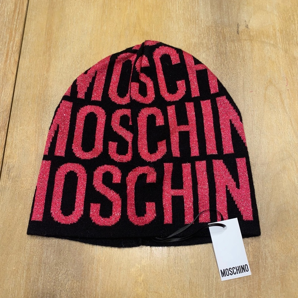 Moschino Black and Hot Pink Logo Knit Beanie